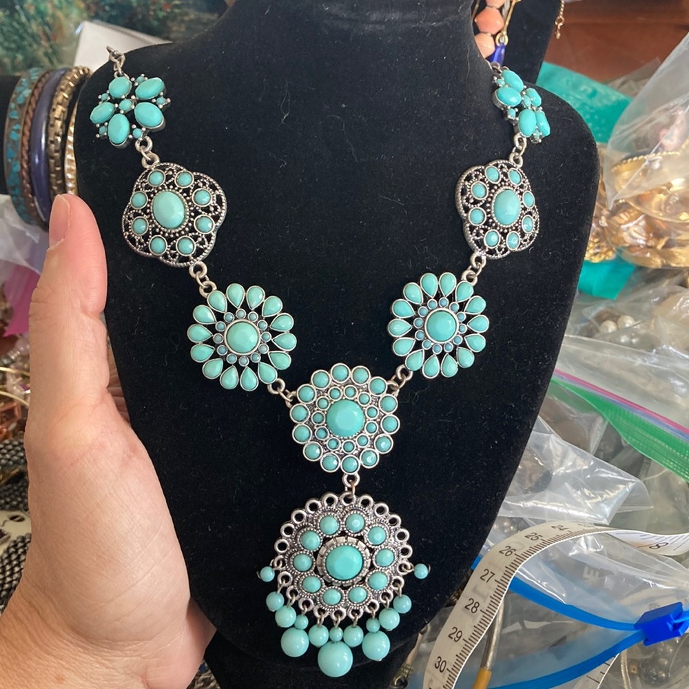 Blue and Silver Southwestern Necklace with Intricate Silverwork